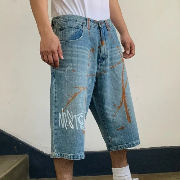 Men's Miskeen Mid Blue | White | Orange Hand Painted Casual Denim Shorts NWT
