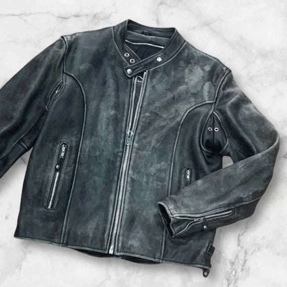 Men's First Black Vintage Motorcycle Genuine Leather Jacket with Detachable Vest NWT