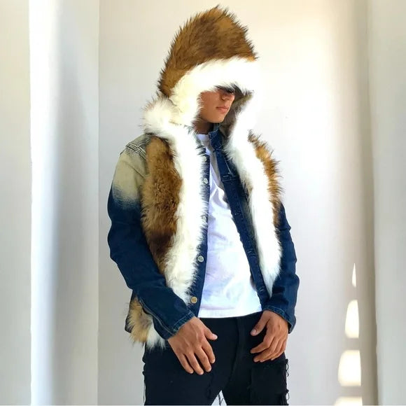 Men's RS1NE Dk Blue Sandblast Denim Jacket & Faux Fur Hooded Jacket NWT