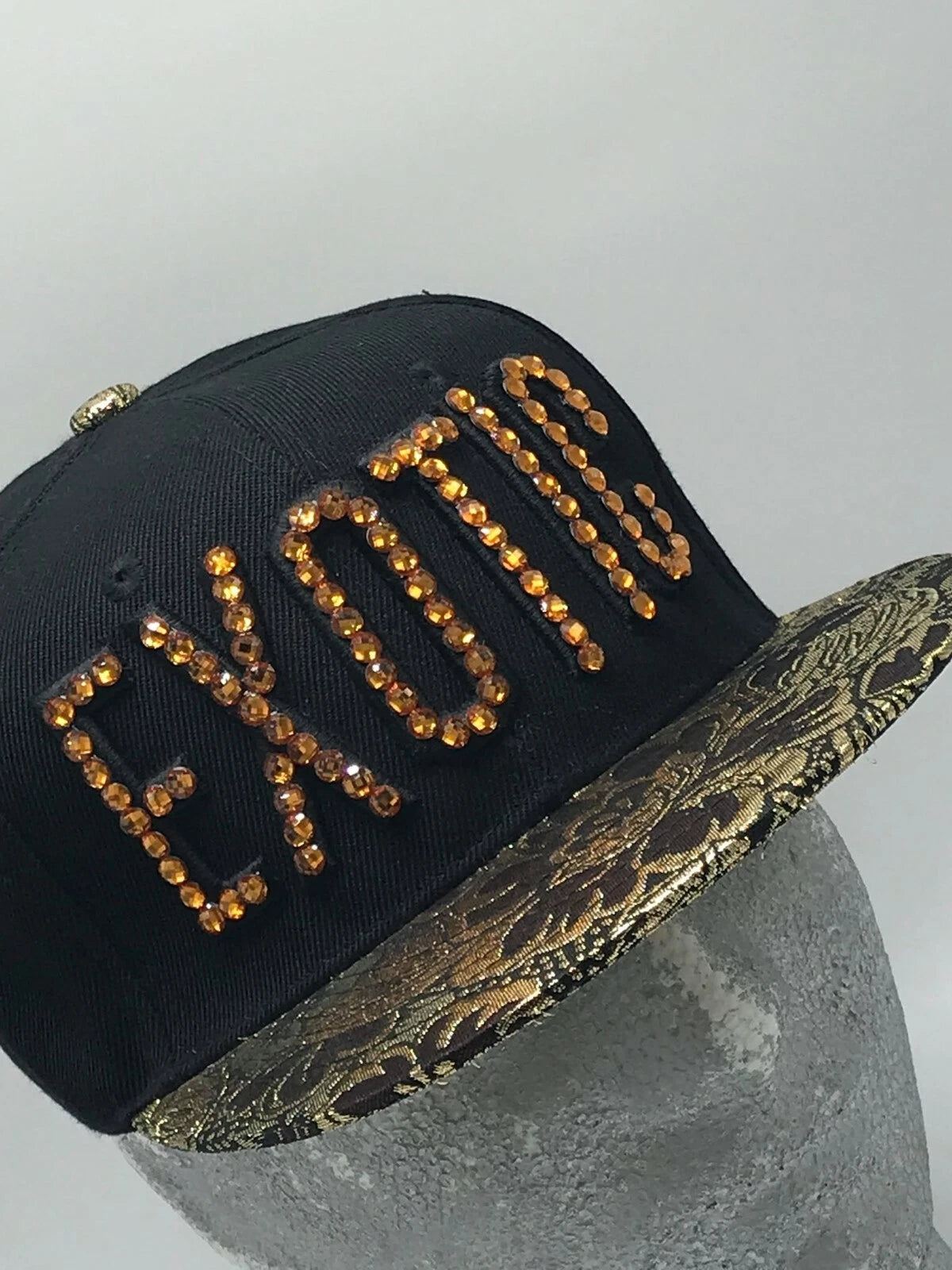 Fashion Caps EXOTIC Black | Gold | Brown Rhinestone Adjustable Flat Cap