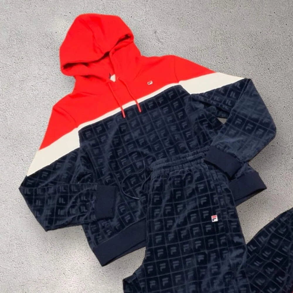 Women’s Fila Red Fleece Navy All Over Velour Fashion Tracksuit NWT
