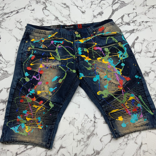 Men's Makobi Dk Blue Multicolor Hand Painted Denim Shorts NWT