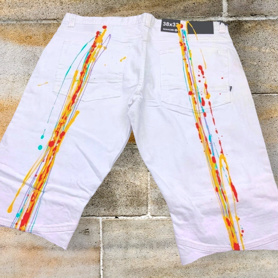 Men's Makobi White | Multicolor Hand-Painted Denim Shorts NWT