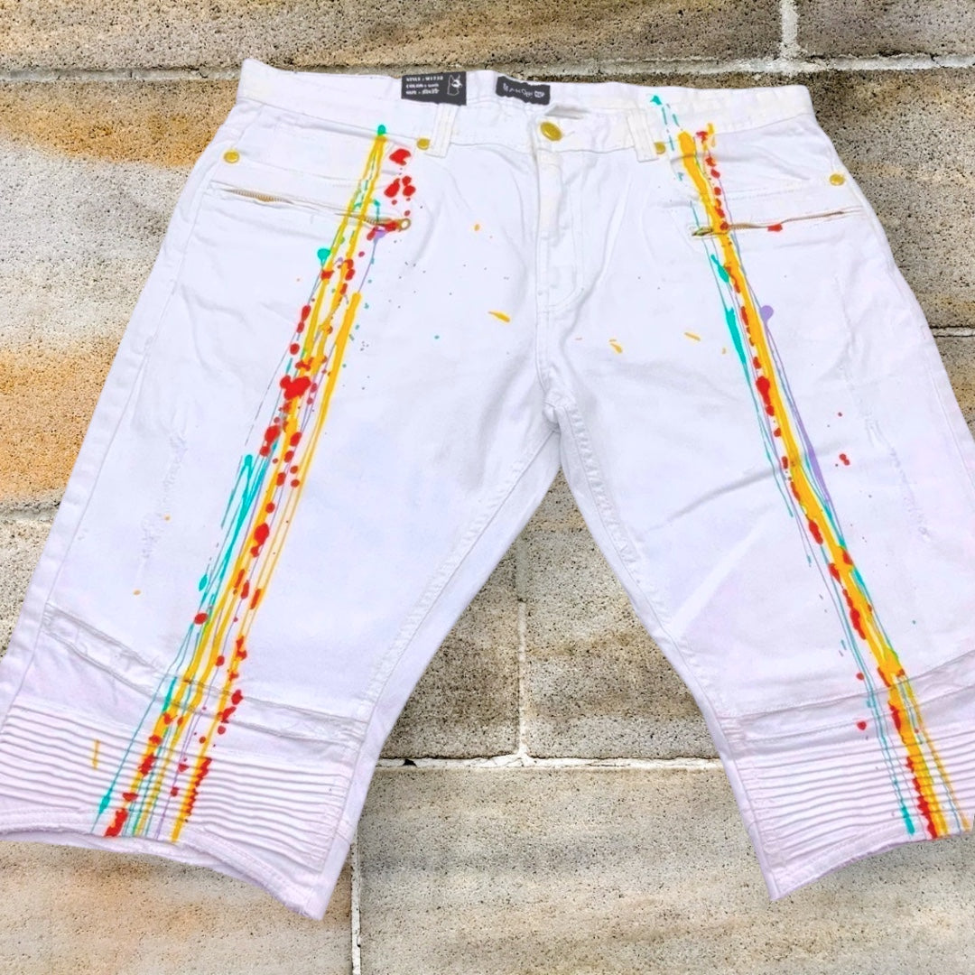 Men's Makobi White | Multicolor Hand-Painted Denim Shorts NWT