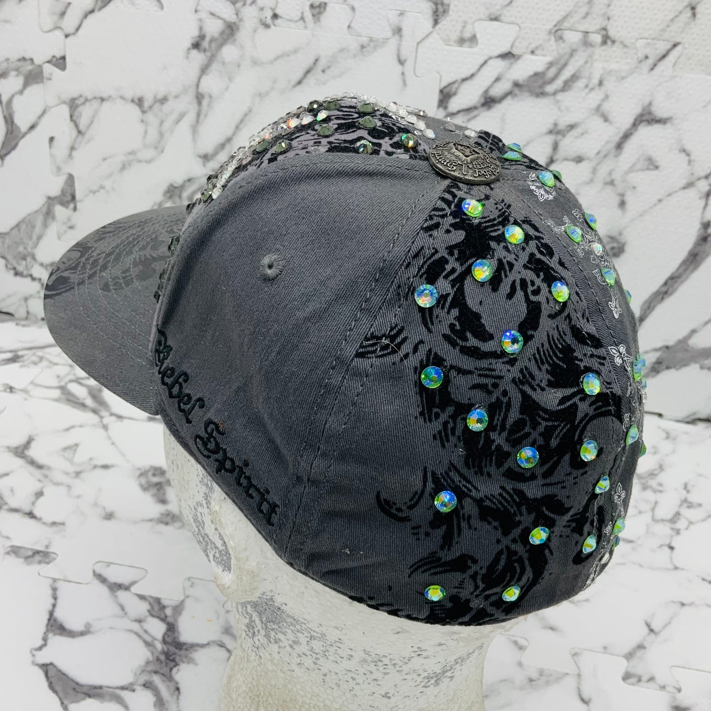 Rebel Spirit Grey | Silver | Black Rhinestones Crosses Flex Fit Hat NWT