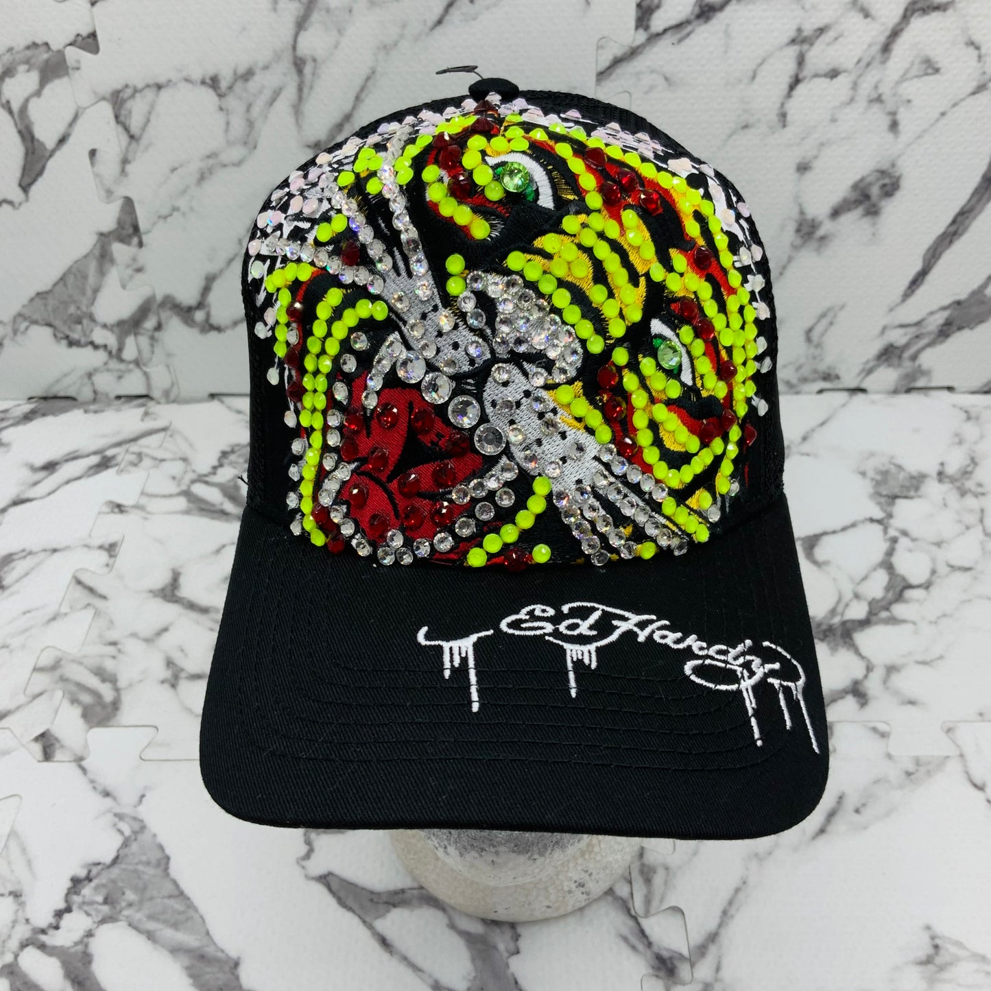 Ed Hardy Tiger Black | Lime Green | Red Rhinestone Trucker Hat NWT