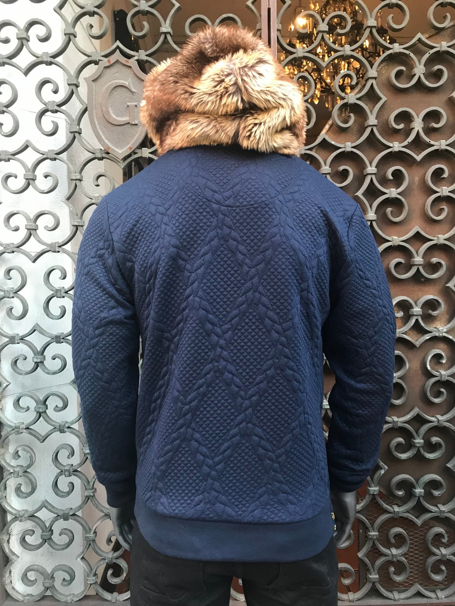 Men’s Makobi Navy | Brown Faux Fur Quilted Pullover Hoodie NWT