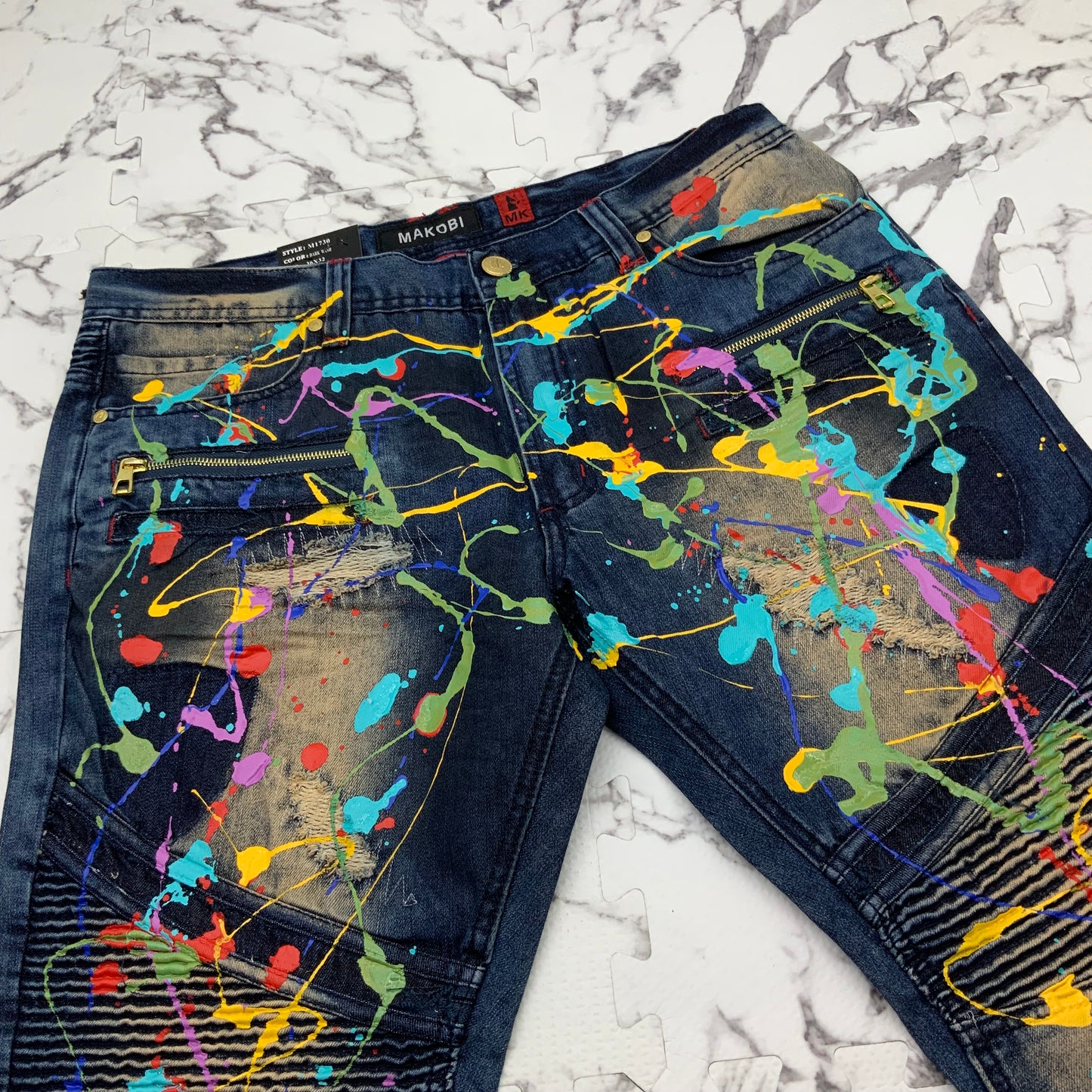 Men's Makobi Dk Blue Multicolor Hand Painted Denim Shorts NWT