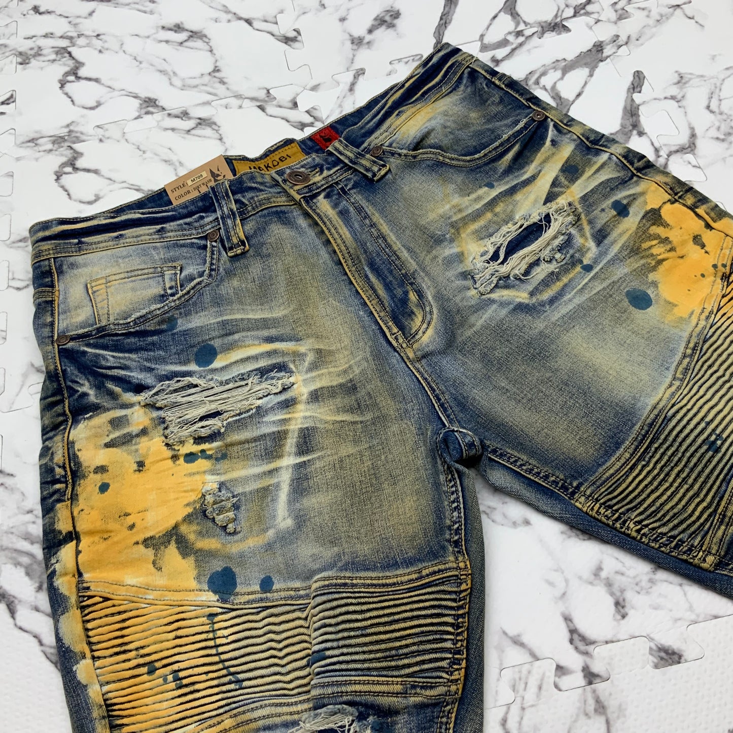 Men's Makobi Blue | Yellow Vintage Ripped Casual Denim Shorts NWT