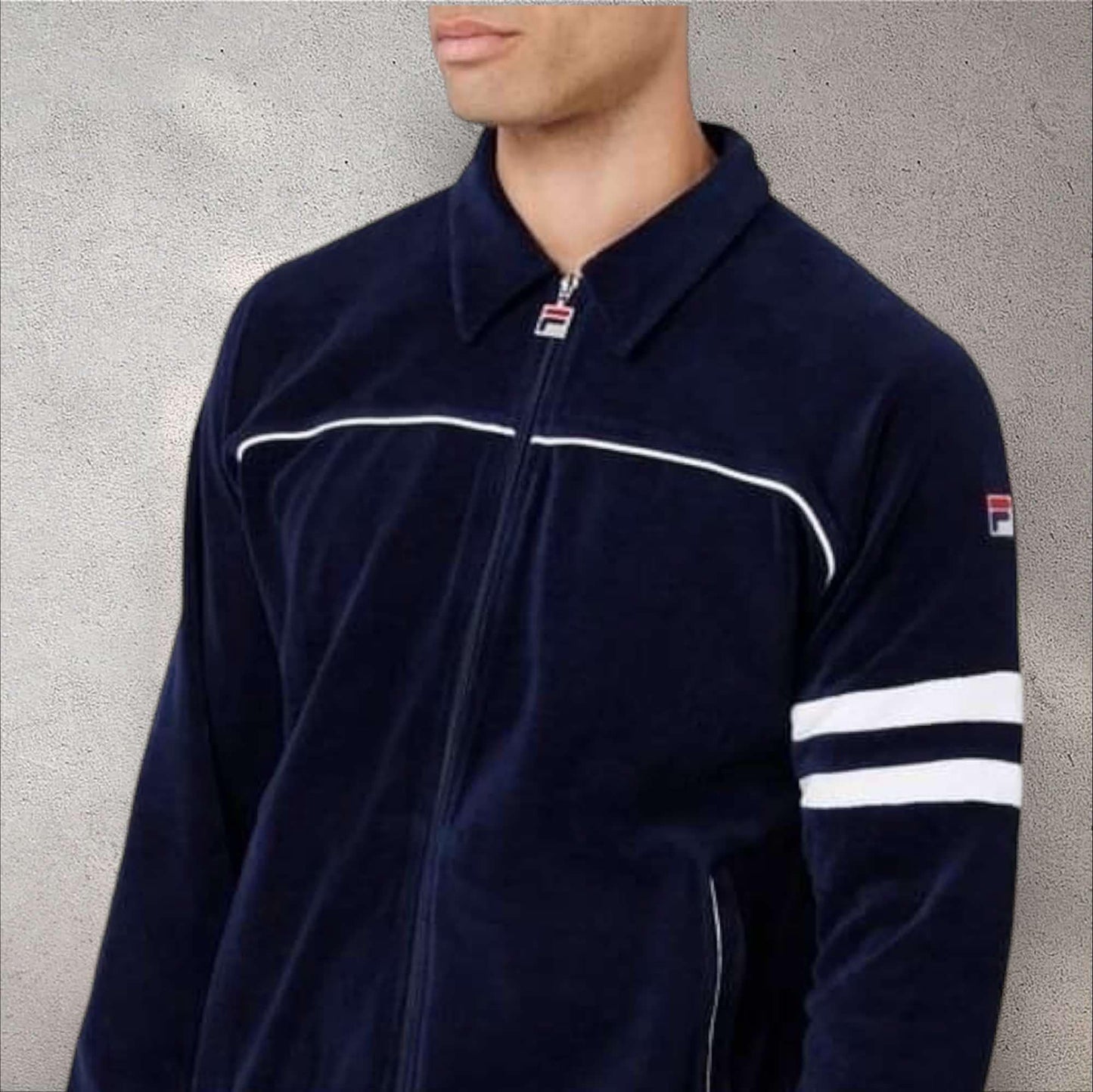 Men’s Fila Navy | White Pipping Velour Casual Outfit Set Tracksuits NWT