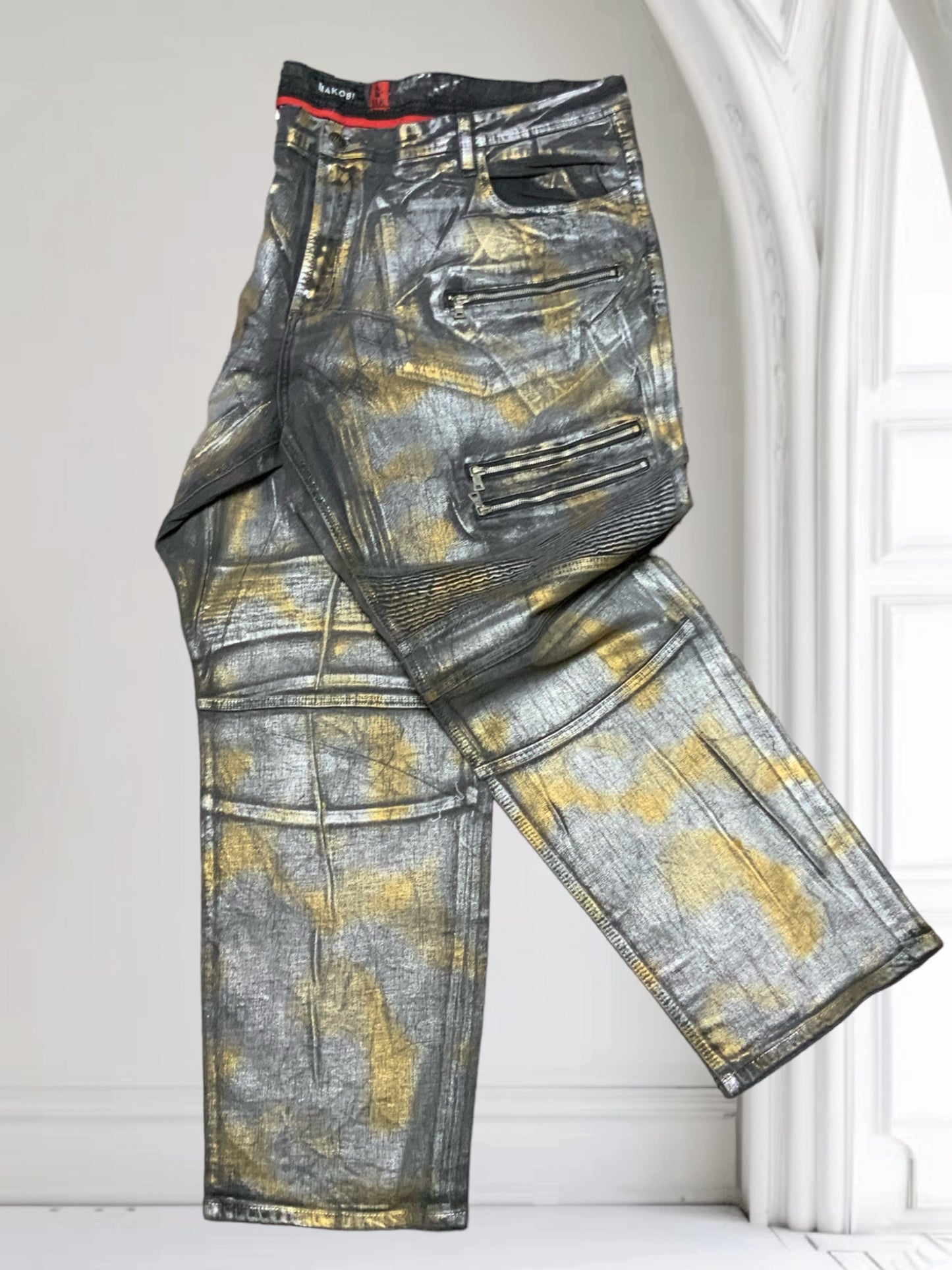 Men's Makobi Big & Tall Silver | Gold Foil Denim Pants NWT