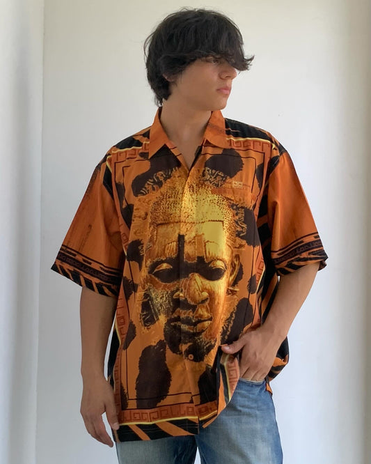 Men's Pelle Pelle African Art Rust Orange | Black | Yellow Button Down S/S Shirt NWT