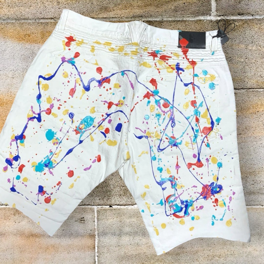 Men's Makobi White | Multicolor Hand-Painted Denim Shorts NWT