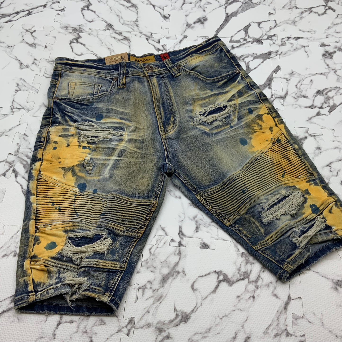 Men's Makobi Blue | Yellow Vintage Ripped Casual Denim Shorts NWT