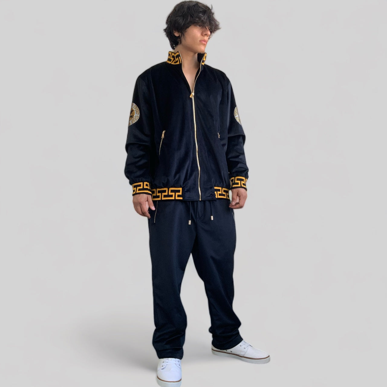 Men’s Manzini Black | Gold Velvet Rhinestone Casual Tracksuit Outfits Sets NWT