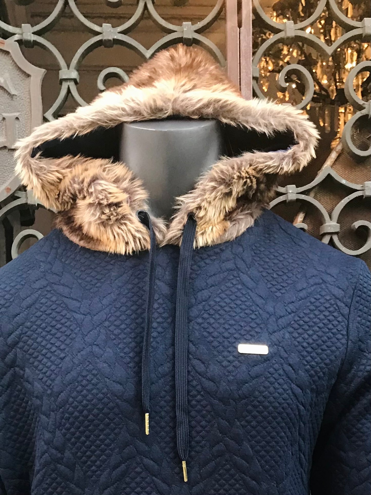 Men’s Makobi Navy | Brown Faux Fur Quilted Pullover Hoodie NWT