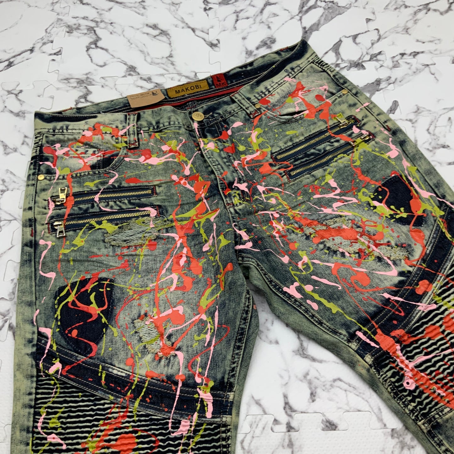 Men's Makobi Indigo | Vintage | Multicolor Hand-Painted Denim Shorts NWT