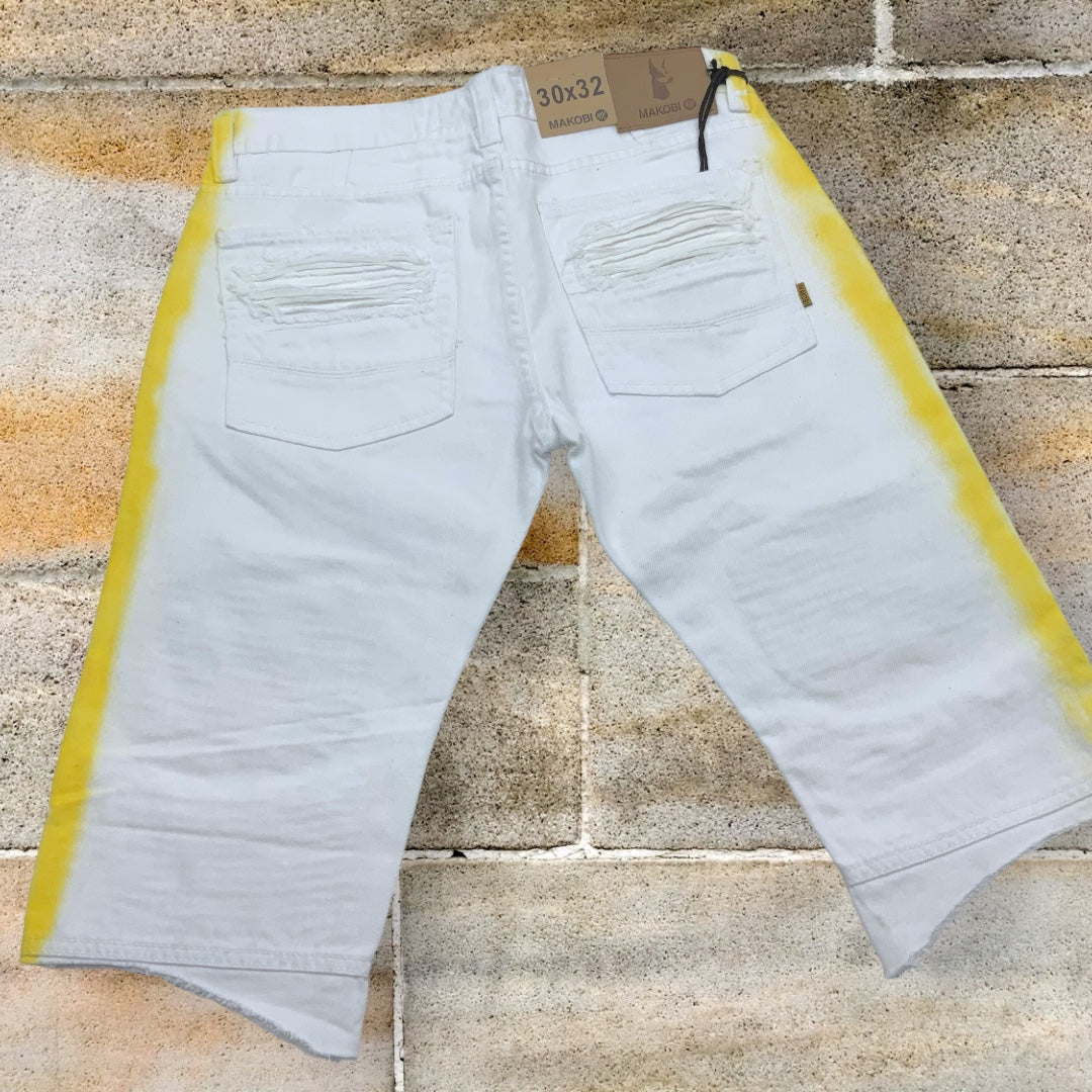 Men's Makobi White | Yellow Hand-Painted Denim Shorts NWT