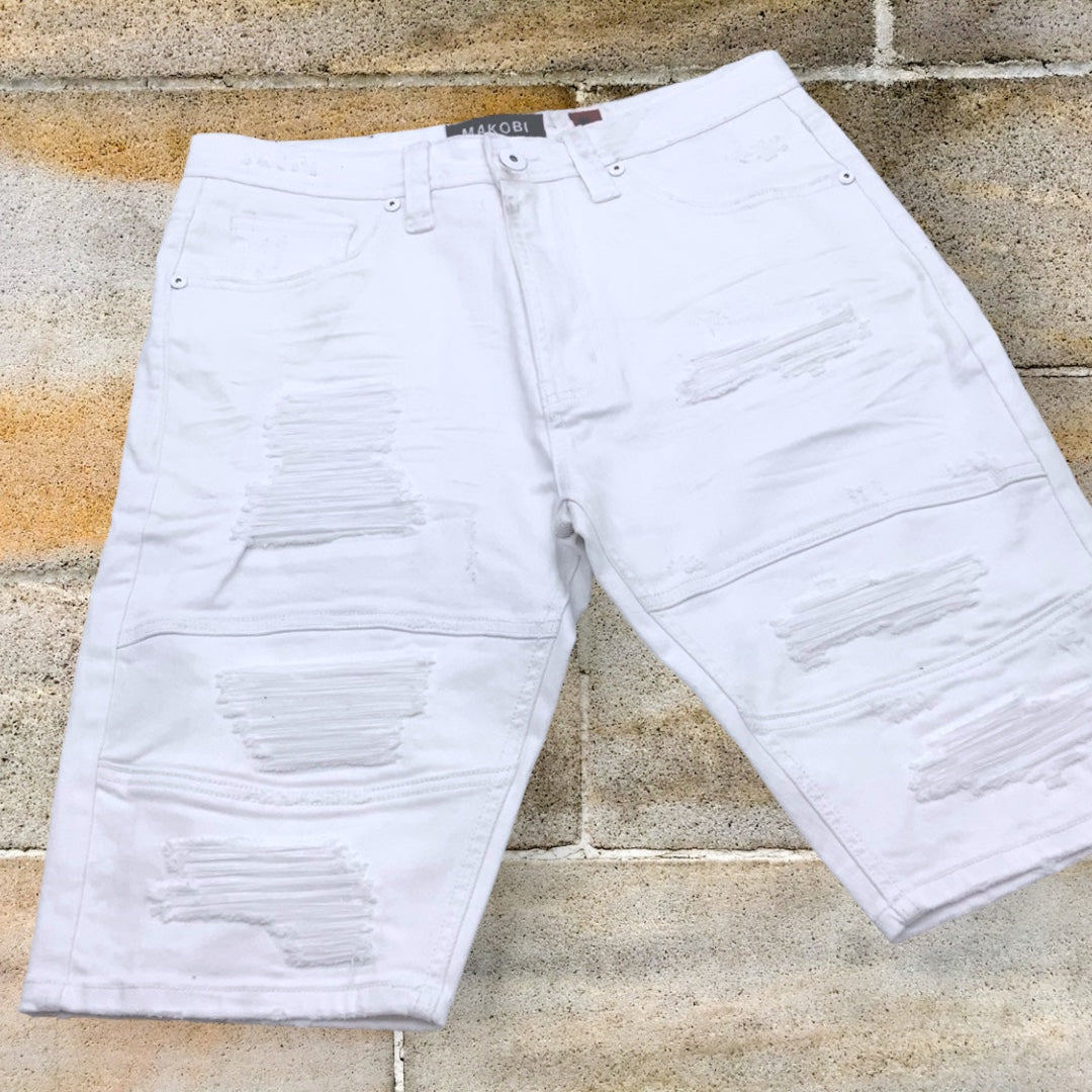 Men's Makobi White Ripped Denim Shorts NWT