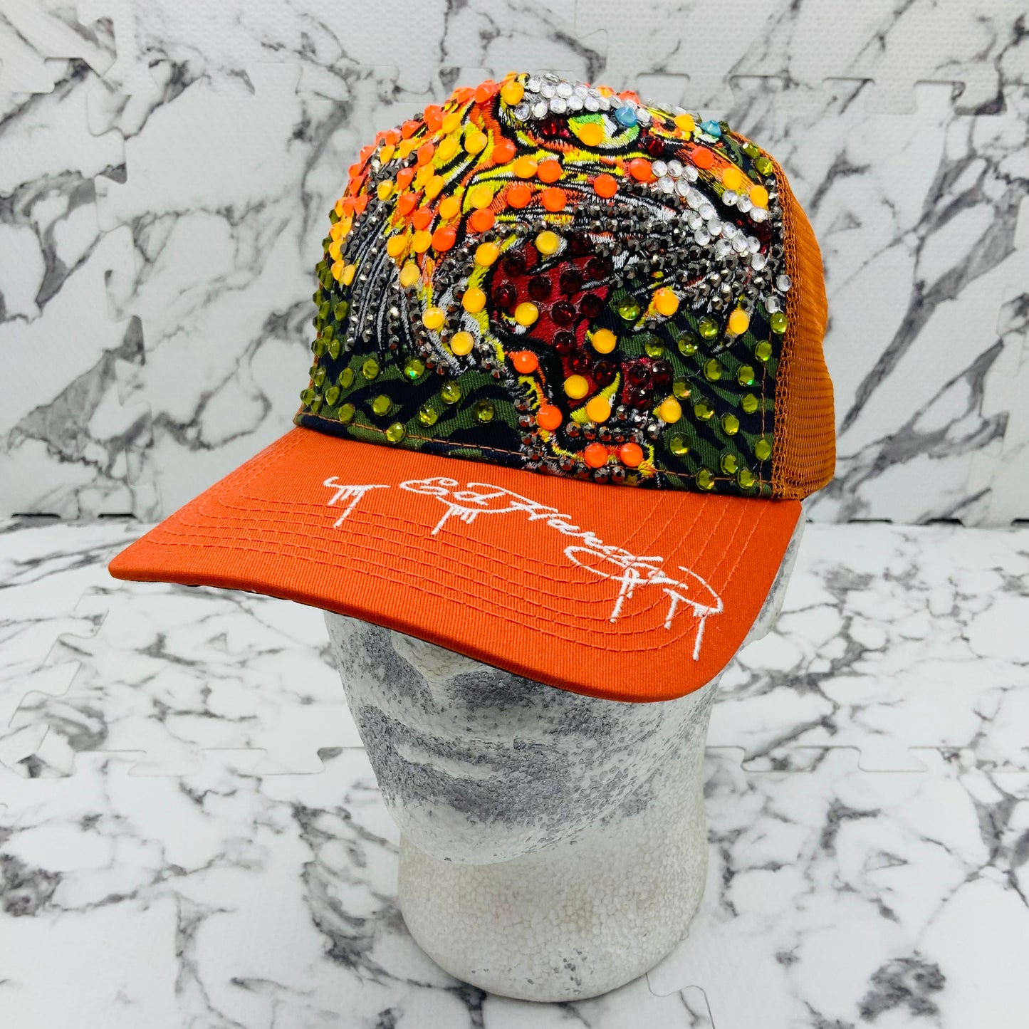 Ed Hardy Tiger Orange | Multicolor Rhinestone Trucker Hat NWT