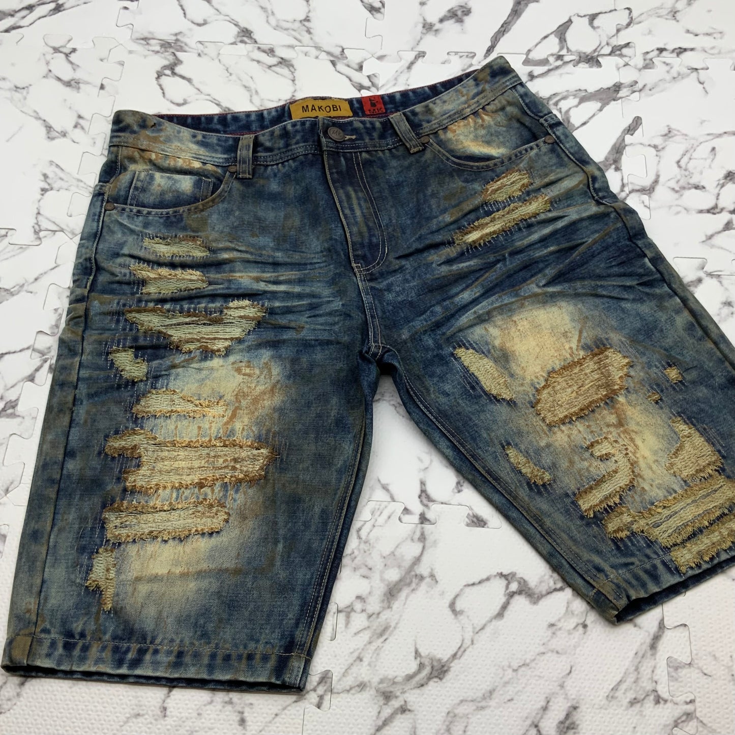 Men's Makobi Vintage Indigo Ripped Washed Denim Shorts NWT