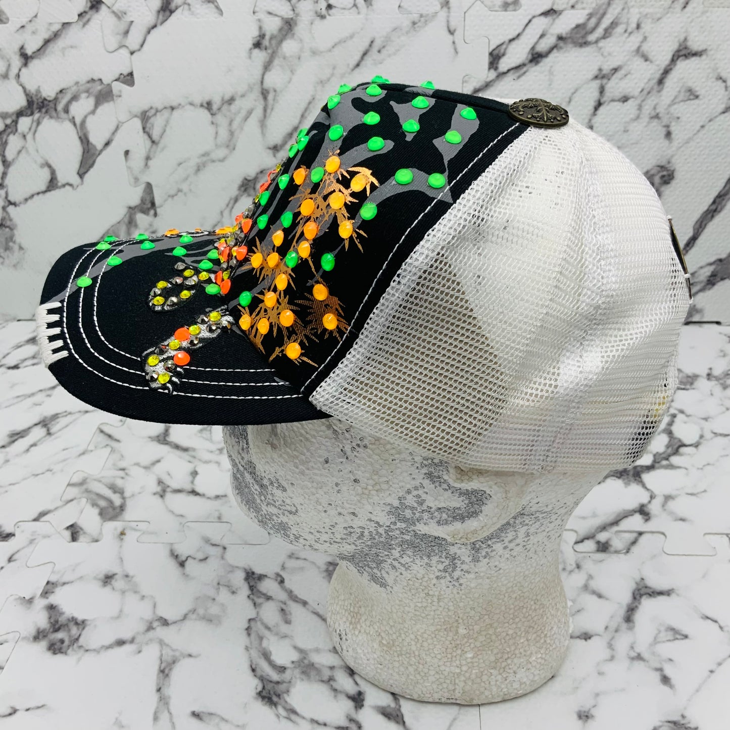 Rebel Spirit Lion King Black | White | Lime Green | Orange Rhinestone Trucker Hat NWT