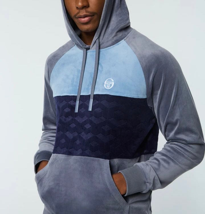 Men’s Sergio Tacchini Grey | Sky | Navy Velour Pull Over Hooded Tracksuit NWT