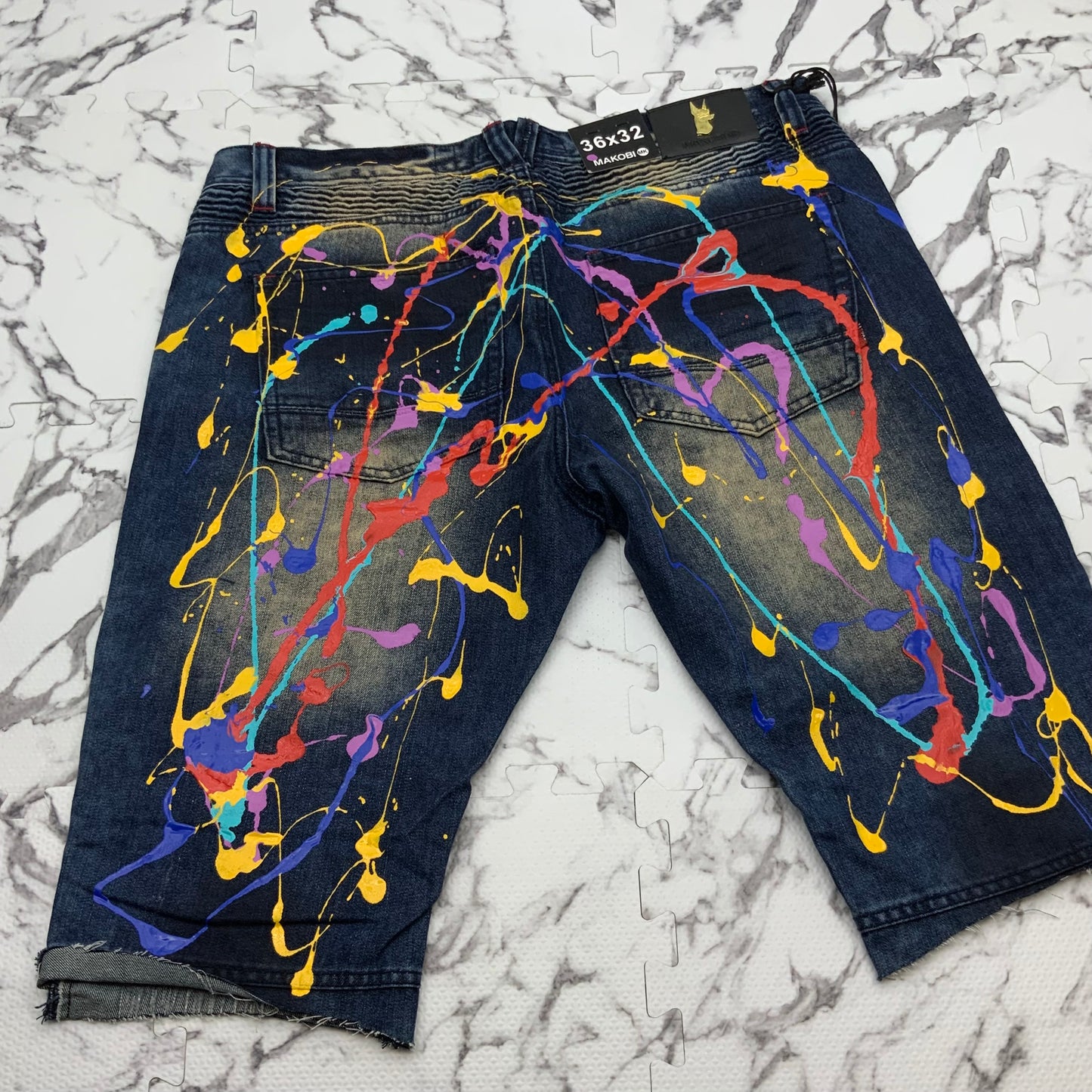 Men's Makobi Dk Blue | Multicolor Hand Painted Denim Shorts NWT