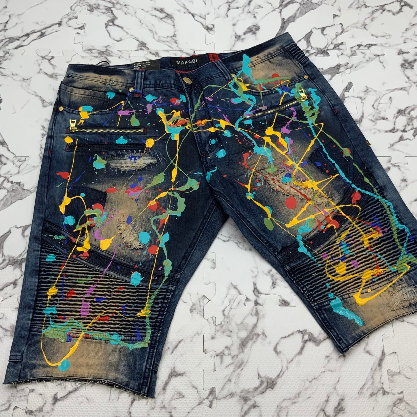 Men's MakobI Dk Blue Multicolor Hand Painted Denim Shorts NWT