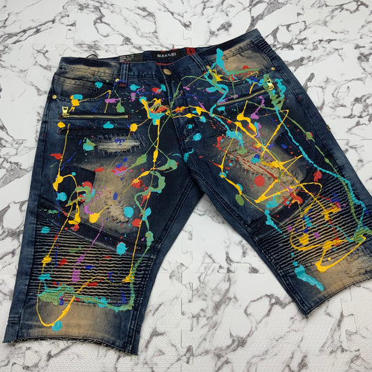 Men's MakobI Dk Blue Multicolor Hand Painted Denim Shorts NWT