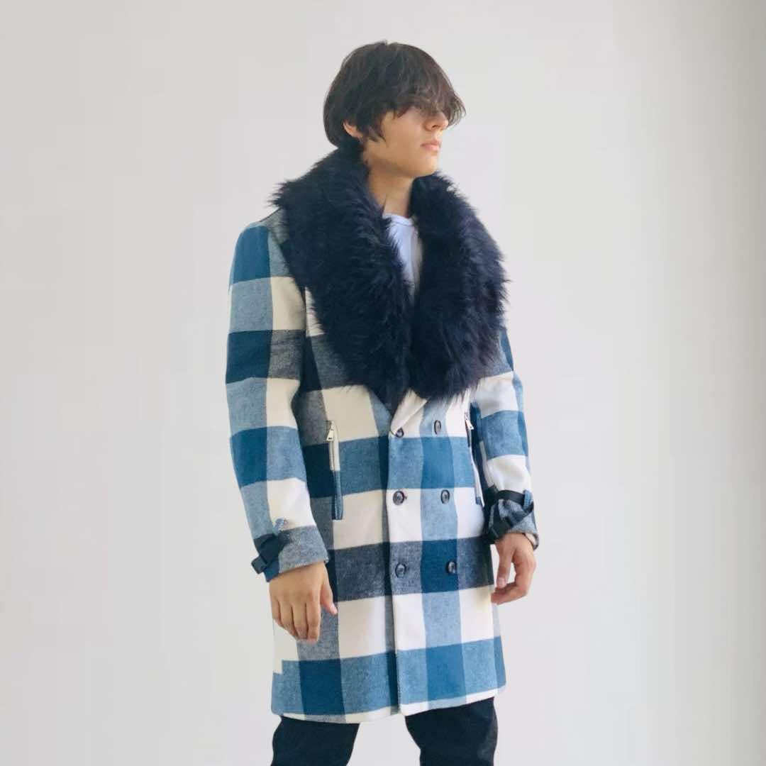 Men's Manzini Blue | White Plaid Faux Fur Overcoat NWT