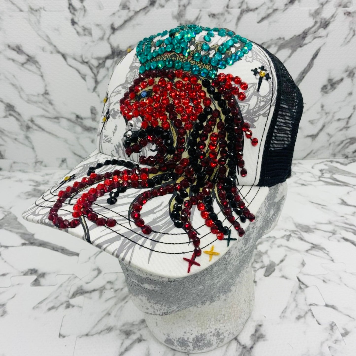 Rebel Spirit Lion King White | Black | Aqua | Red Rhinestone Trucker Hat NWT