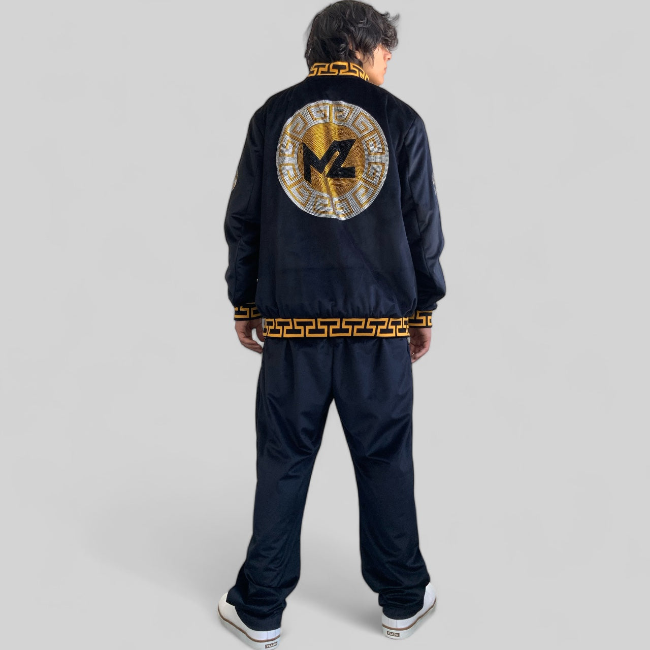 Men’s Manzini Black | Gold Velvet Rhinestone Casual Tracksuit Outfits Sets NWT