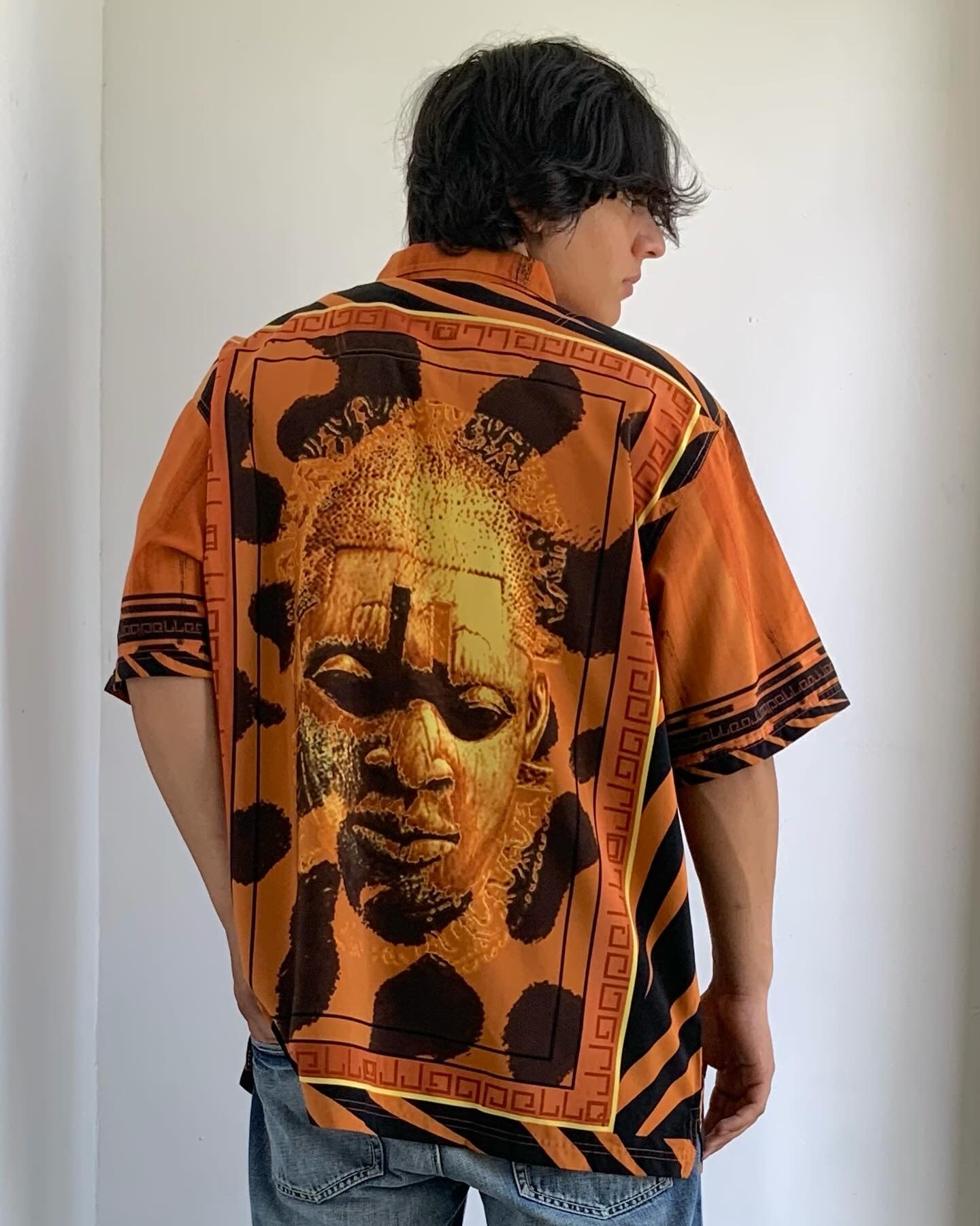 Men's Pelle Pelle African Art Rust Orange | Black | Yellow Button Down S/S Shirt NWT