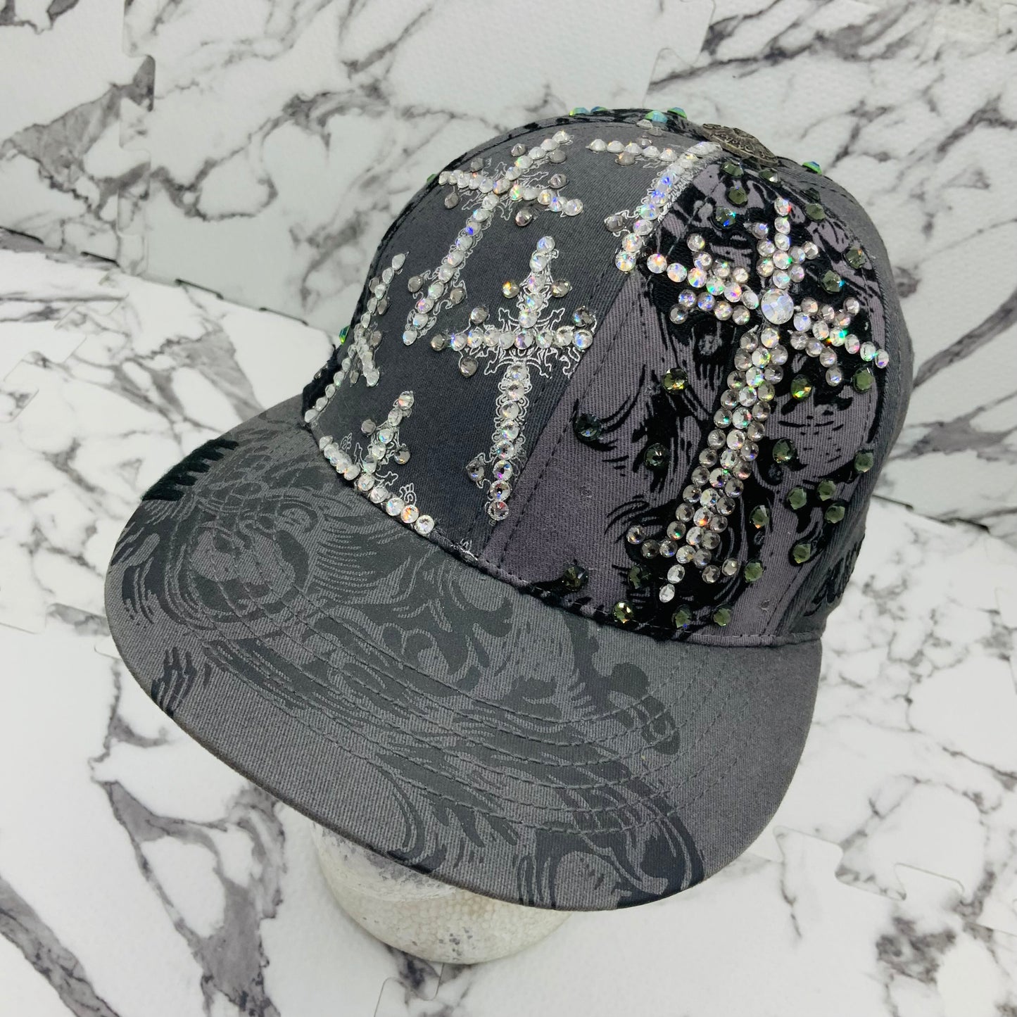 Rebel Spirit Grey | Silver | Black Rhinestones Crosses Flex Fit Hat NWT