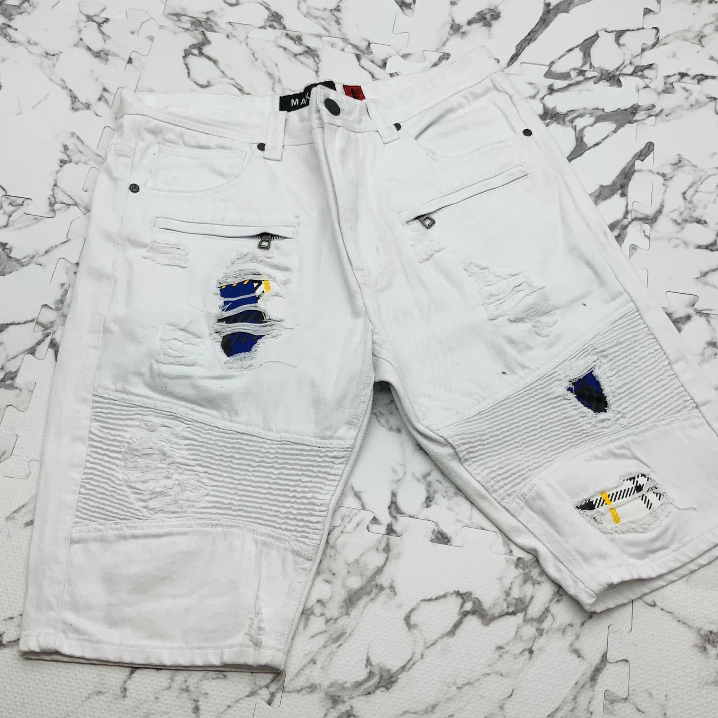 Men's Makobi White | Navy | Yellow Denim Shorts NWT