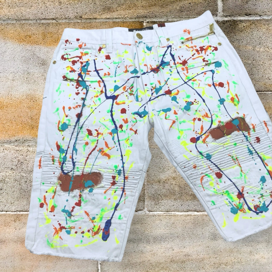 Men's Makobi White All Over Hand-Painted Denim Shorts NWT