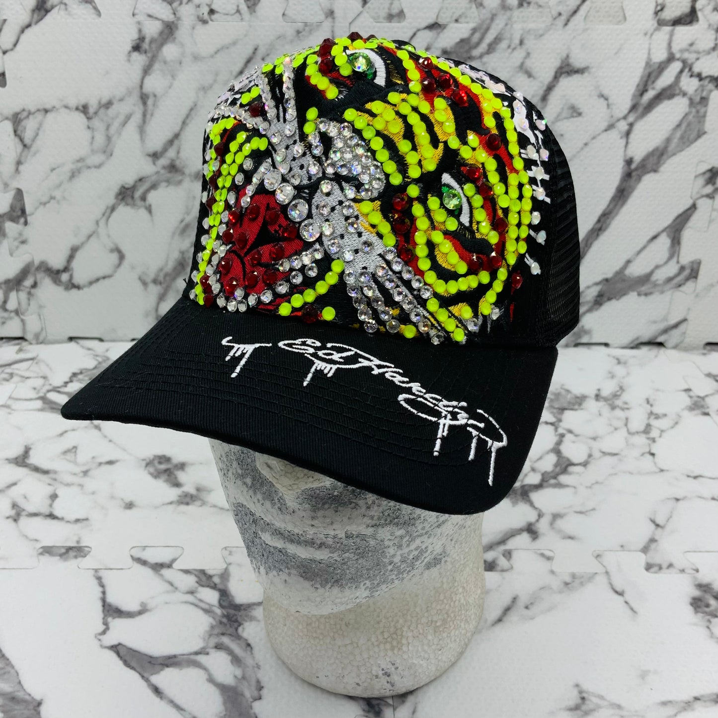 Ed Hardy Tiger Black | Lime Green | Red Rhinestone Trucker Hat NWT