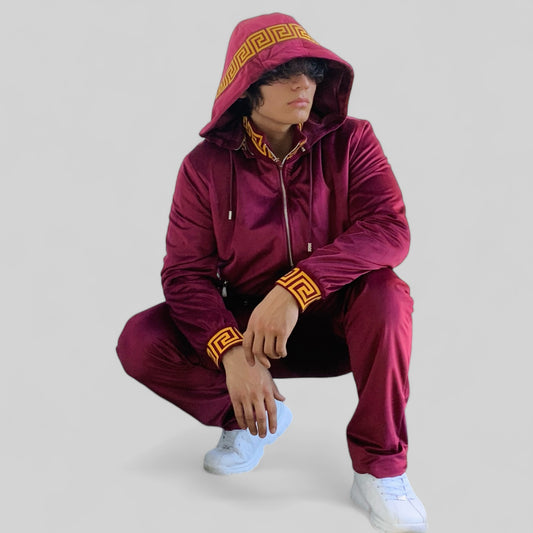 Men’s Manzini Burgundy | Gold Velvet Hooded Causal Tracksuits Outfits Sets NWT