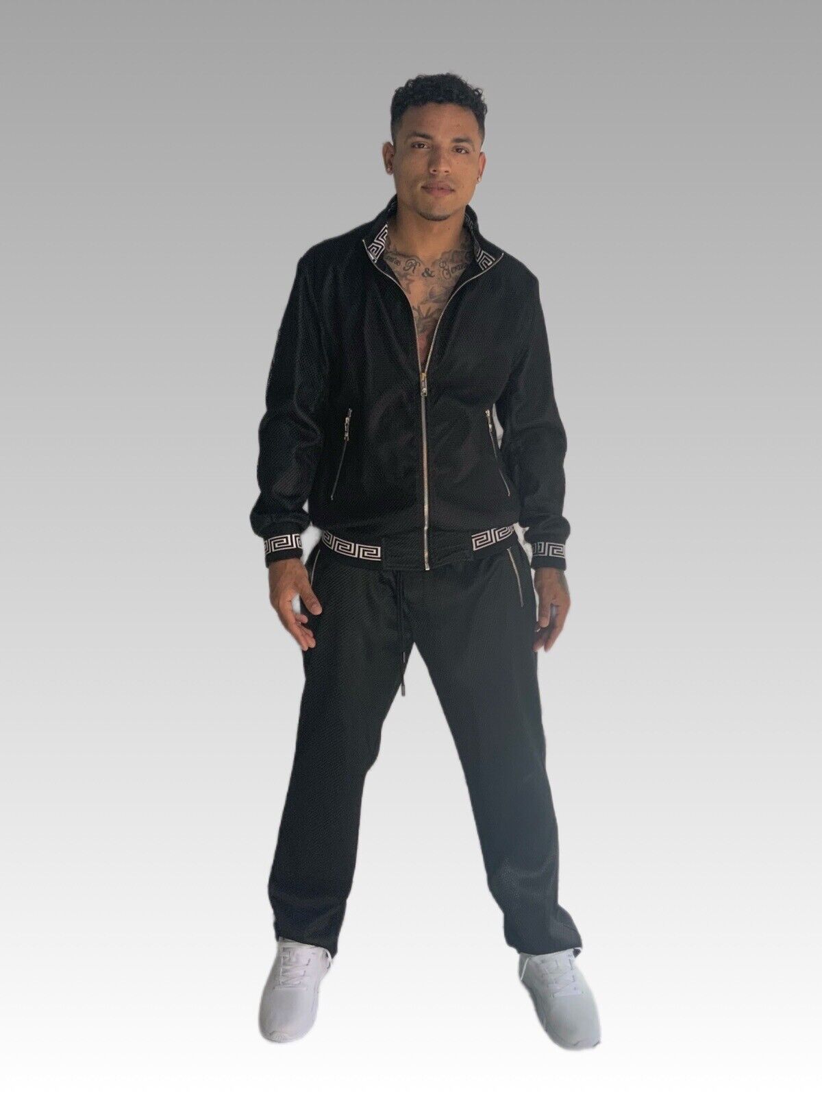 Men's Black | White Mesh Casual Tracksuit