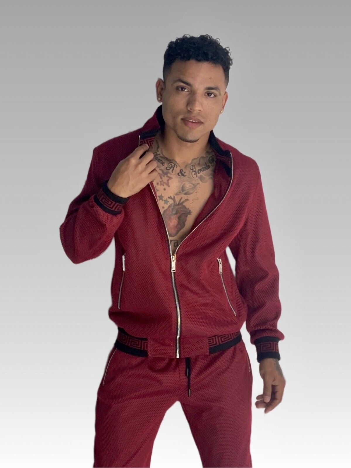 Men's Burgundy | Black Mesh Casual Tracksuit