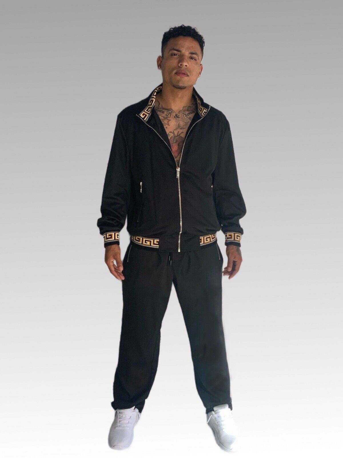 Men's Black & Gold Mesh Casual Tracksuit