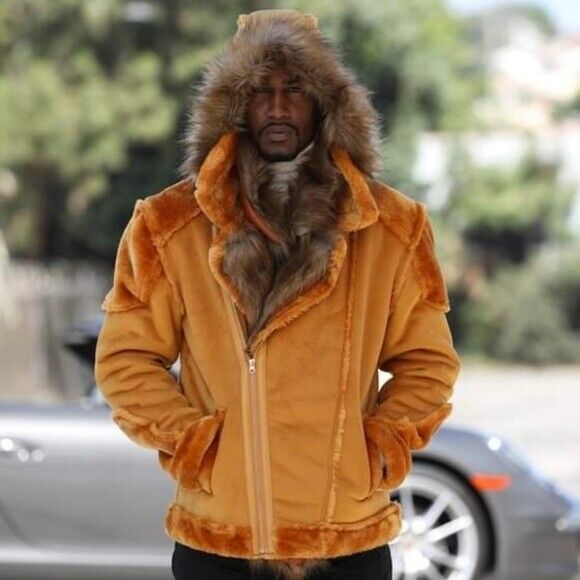 Men's Cognac Faux Fur Fashion Jacket Hoodie