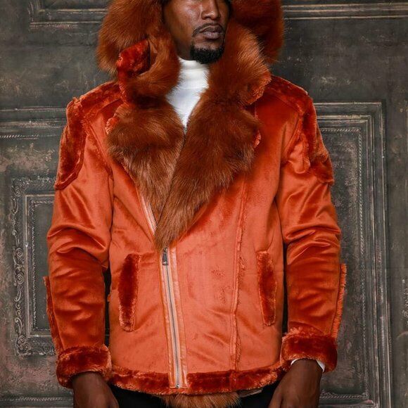 Men's Fashion Copper Faux Fur Coat