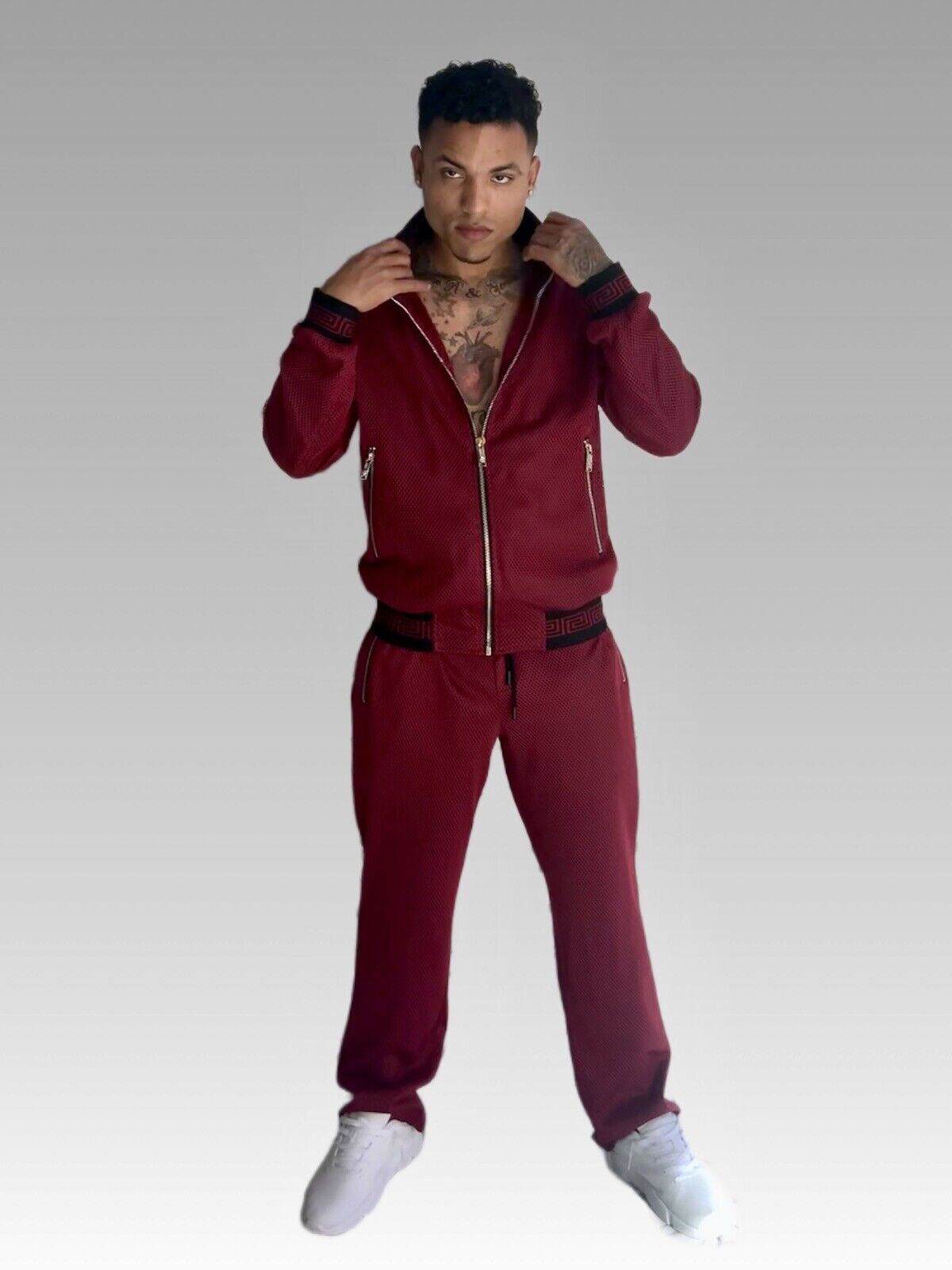 Men's Burgundy | Black Mesh Casual Tracksuit