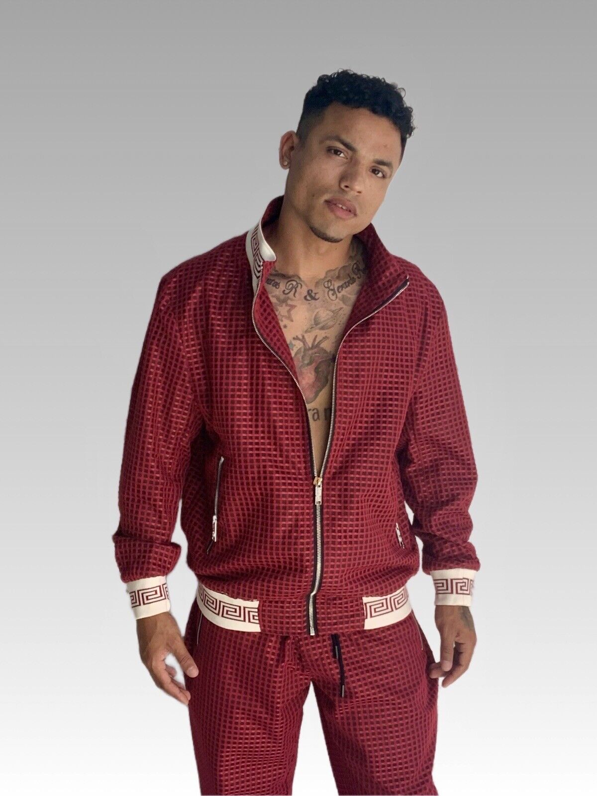 Men's Burgundy | White Mesh Casual Tracksuit