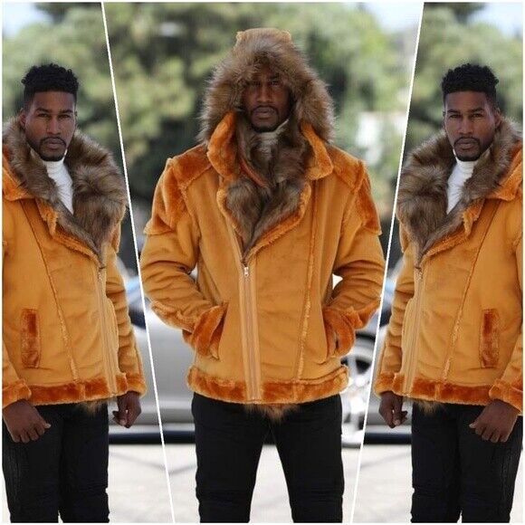 Men's Cognac Faux Fur Fashion Jacket Hoodie