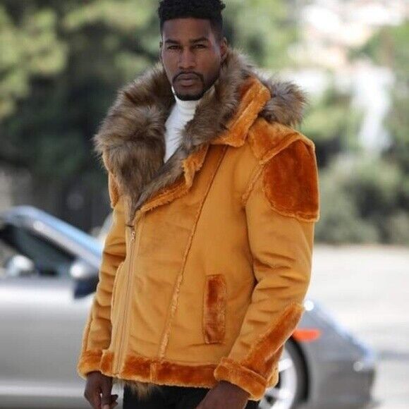 Men's Cognac Faux Fur Fashion Jacket Hoodie