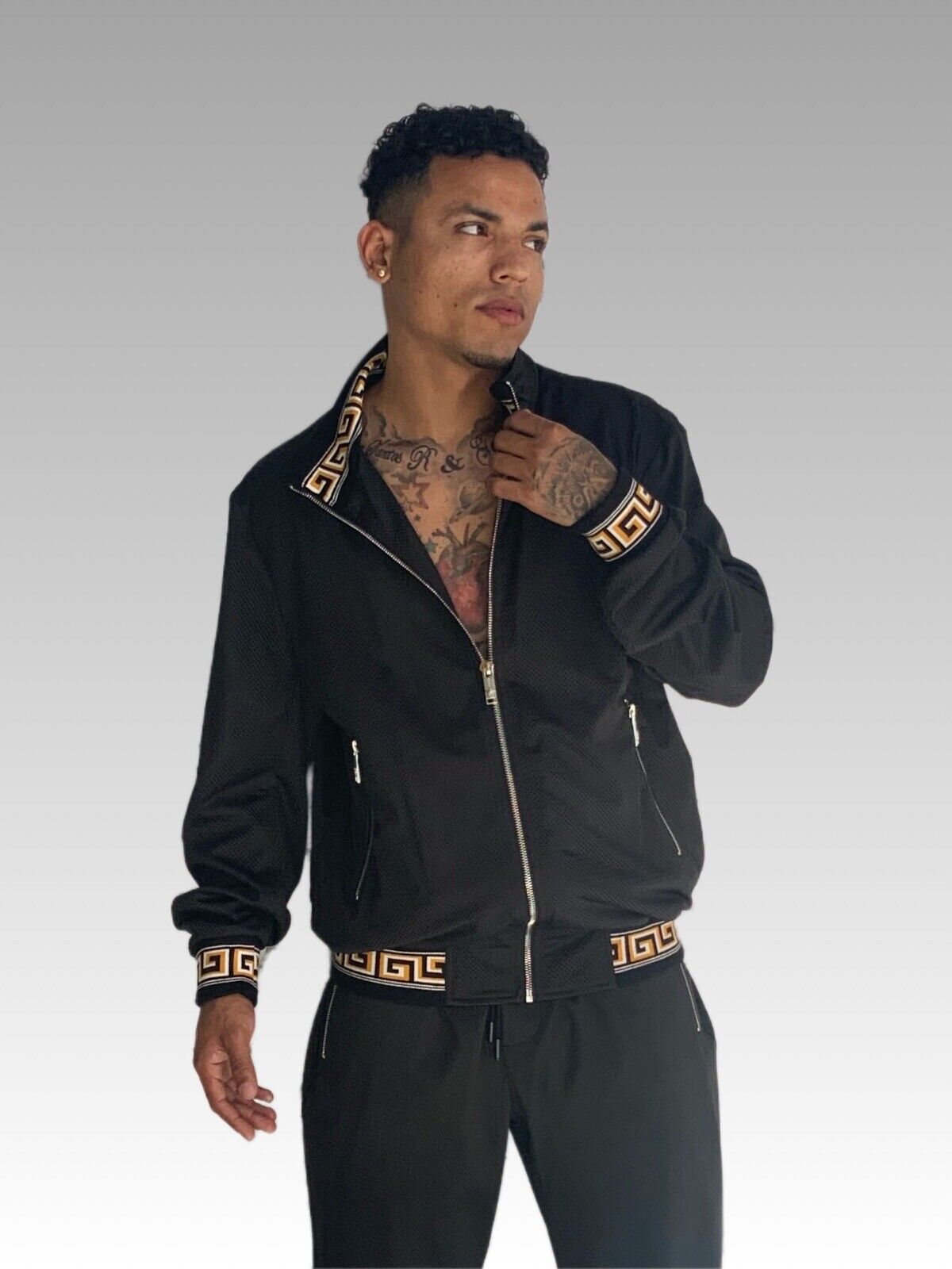 Men's Black & Gold Mesh Casual Tracksuit