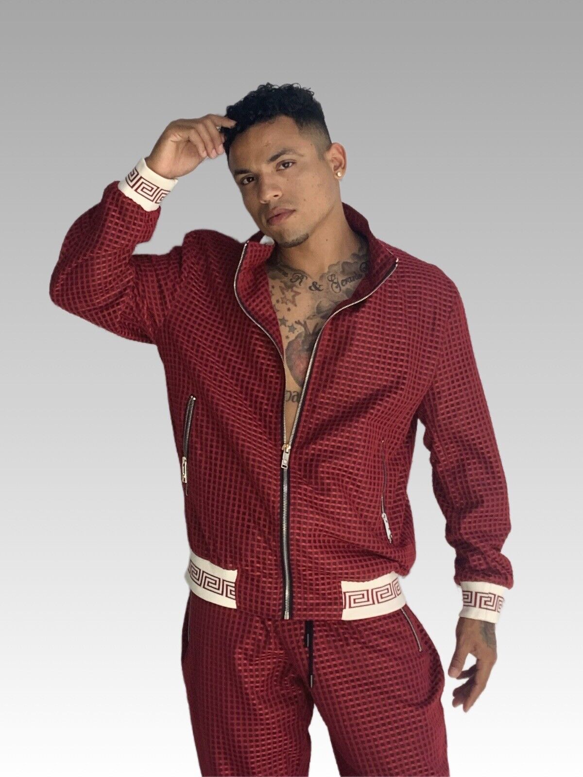 Men's Burgundy | White Mesh Casual Tracksuit